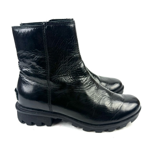 Sorel Emilie Ankle Boot 7 Black Patent Leather Bootie Womens Zip Up Waterproof - Picture 3 of 6